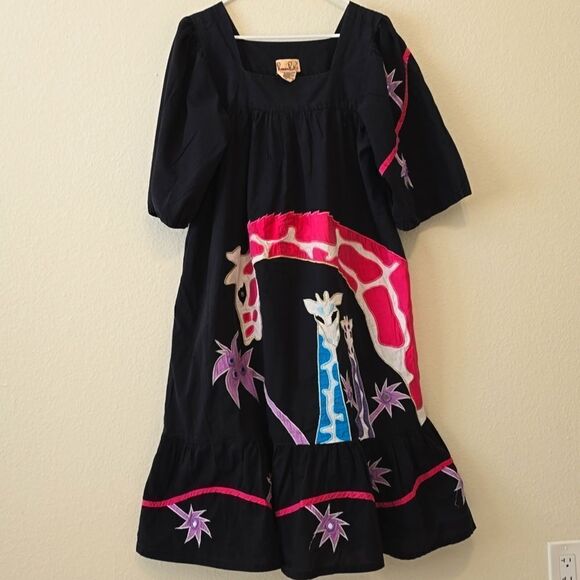 VINTAGE Ramona Rull Black Cotton Patchwork giraffe Appliqué Mumu Midi Tent Dress - Picture 2 of 7